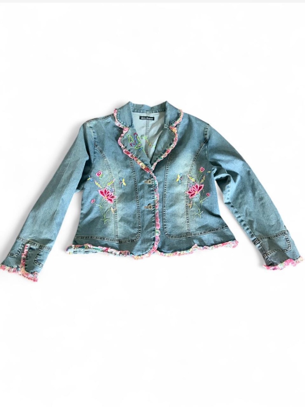 Mechant Light Blue Denim Jacket with Pink Trim and Floral Embroidery